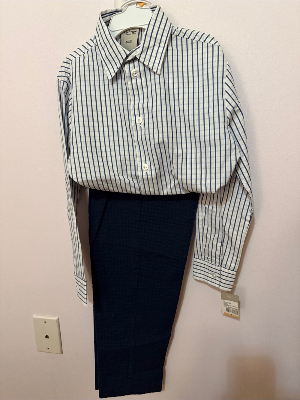 Kenneth Cole Reaction Boys White Shirt with Navy Pinstripes